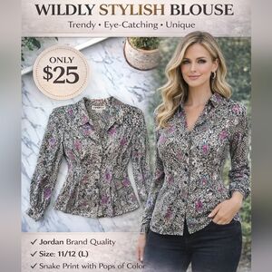 Jordan Women's Snake Skin Multi Color Long Sleeve Button Down Blouse Size 11/12